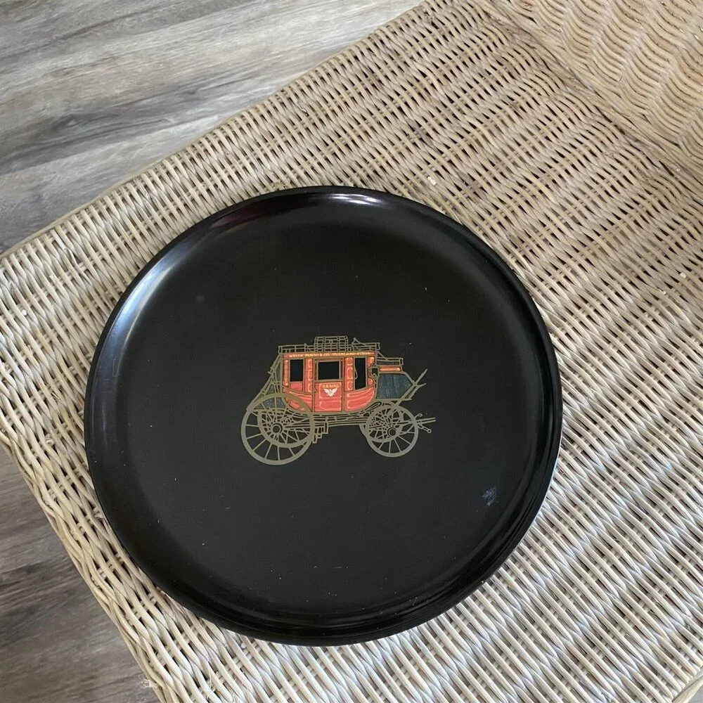 COUROC WELLS FARGO STAGECOACH TRAY PLATE VINTAGE WOOD AND BRASS INLAY